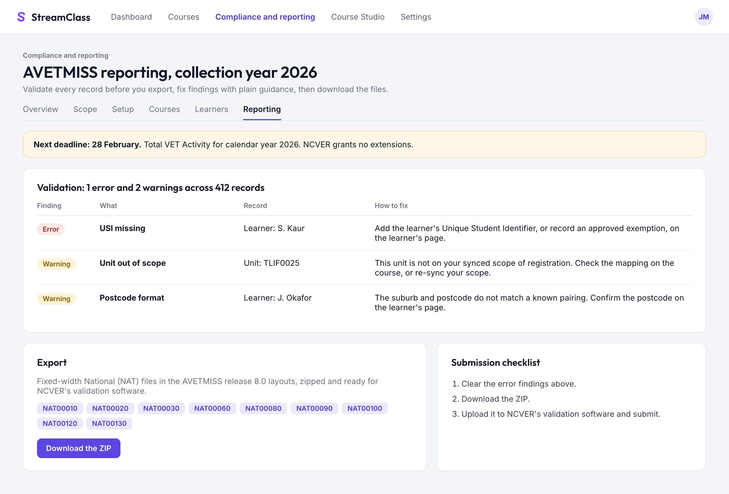 AVETMISS reporting screen